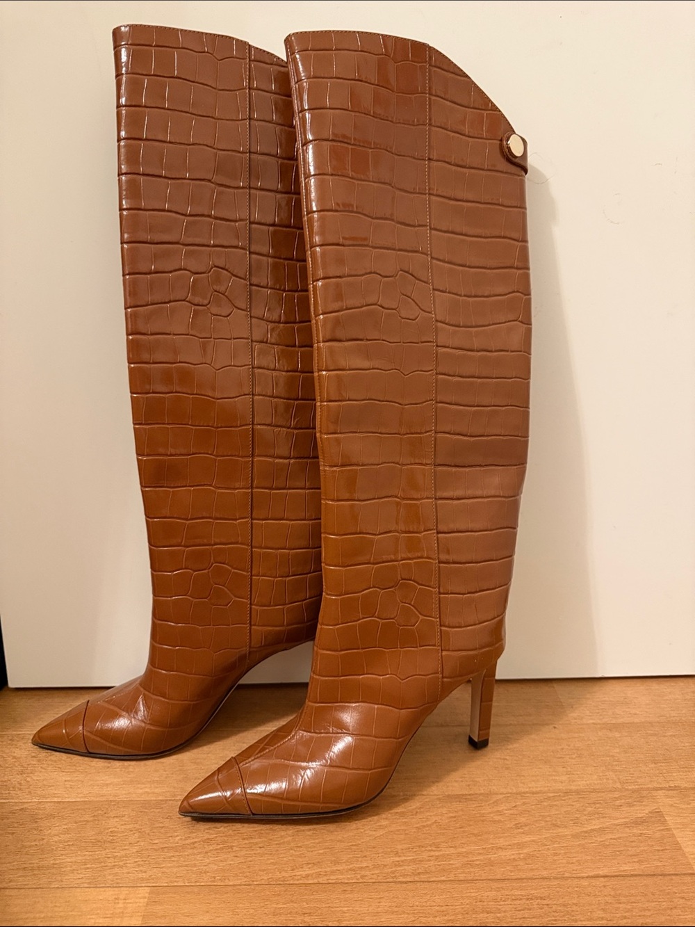 Jimmy Choo Croc-Embossed Pointed Toe Over-the-Knee Boots in Cognac Brown